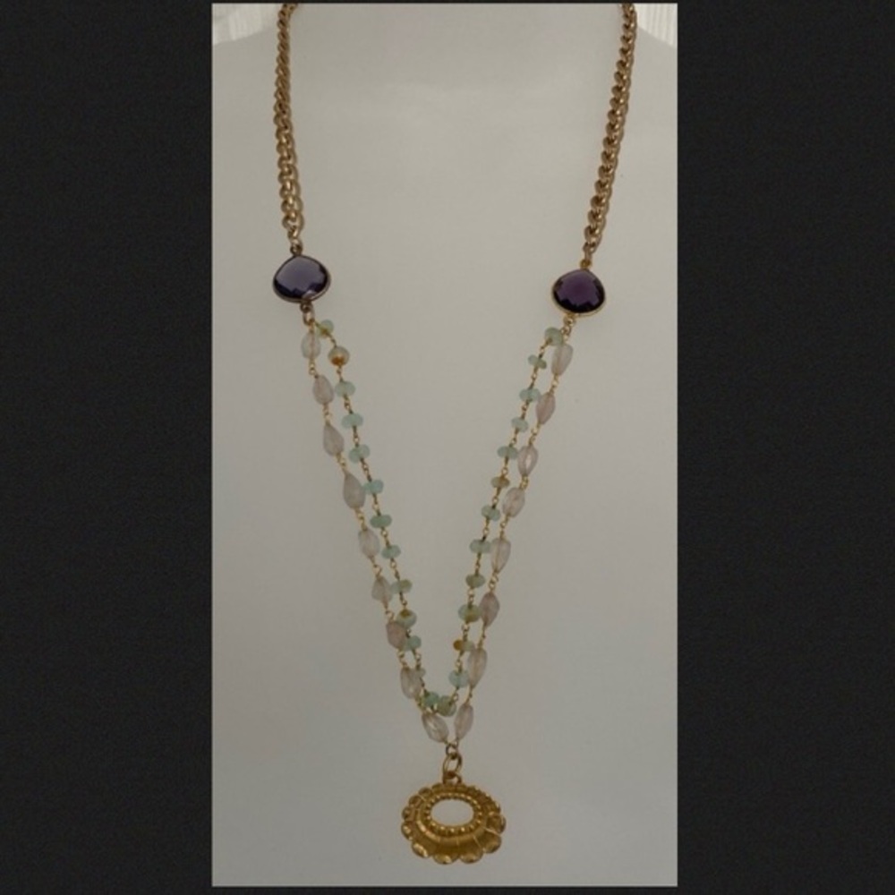 Genuine Amethyst, aquamarine, rose quartz gold plated necklace